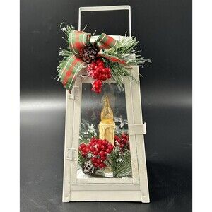 White Metal Glass Lantern with Candle Holly Berries Pinecones Pine Plaid Ribbon